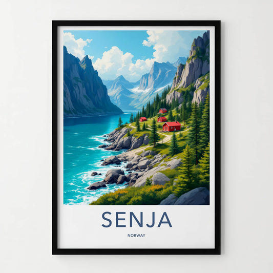 Senja Poster - Norway Travel Art - Fjord Mountain Redcabins Home Decor