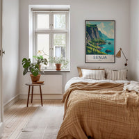 SENJA Poster - Norway Travel Art - Steep Cliffs Coastal Homes Home Decor