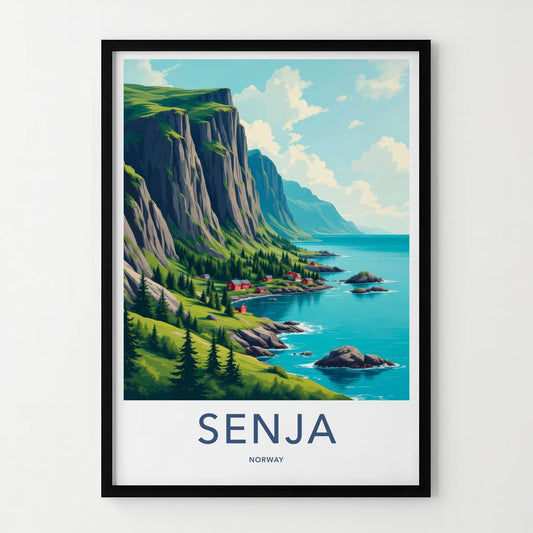 SENJA Poster - Norway Travel Art - Steep Cliffs Coastal Homes Home Decor
