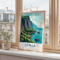 SENJA Poster - Norway Travel Art - Steep Cliffs Coastal Homes Home Decor