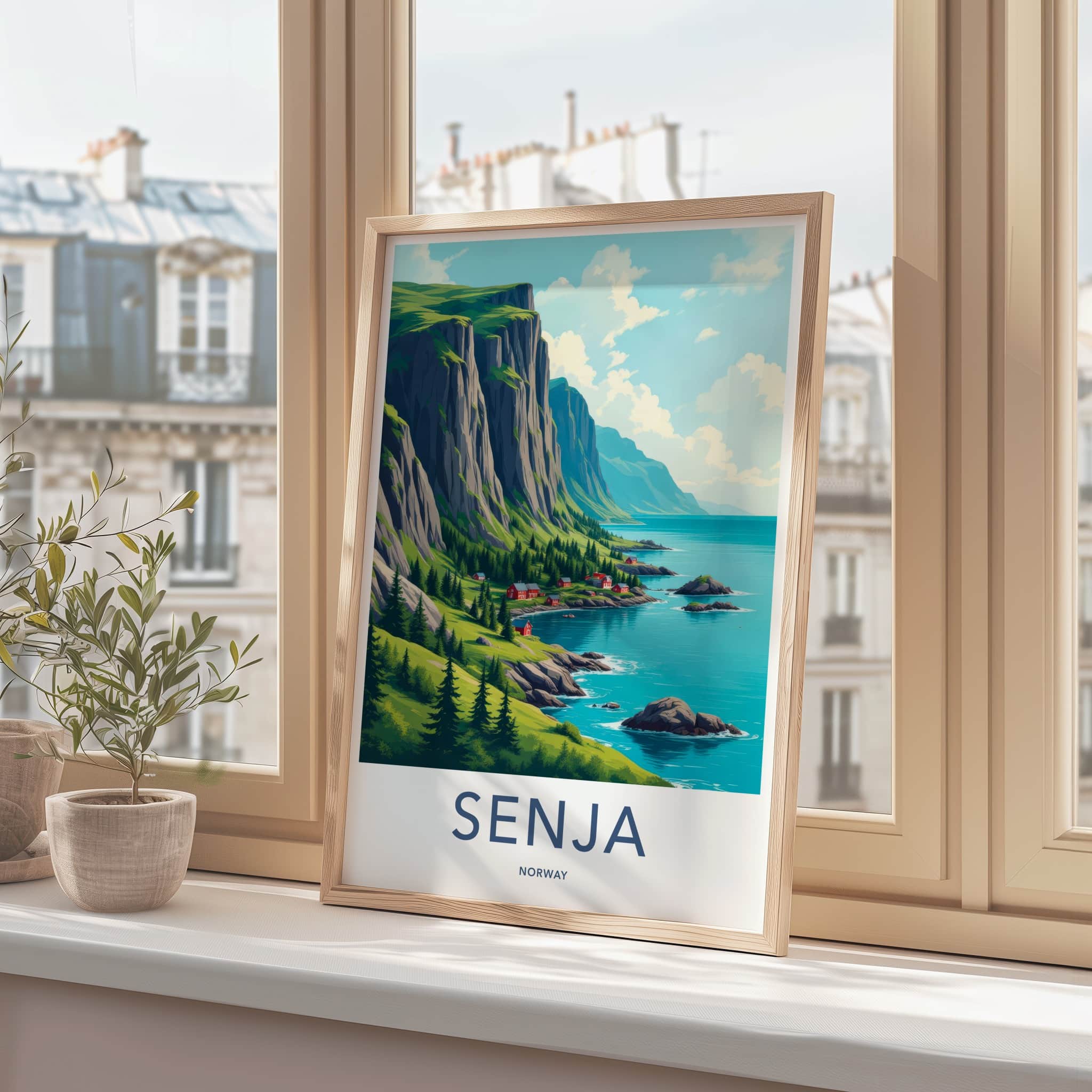 SENJA Poster - Norway Travel Art - Steep Cliffs Coastal Homes Home Decor
