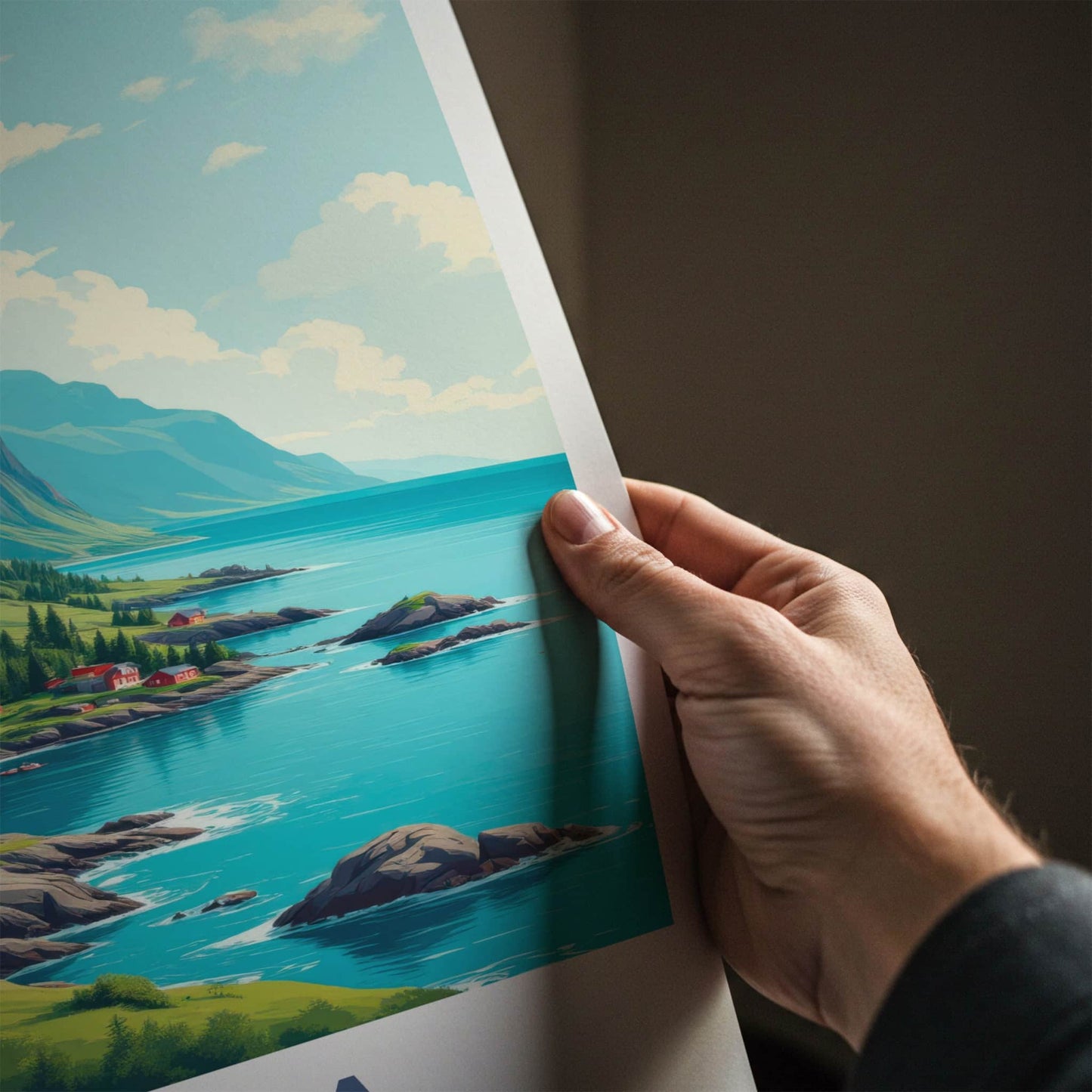 SENJA Poster - Norway Travel Art - Steep Cliffs Coastal Homes Home Decor