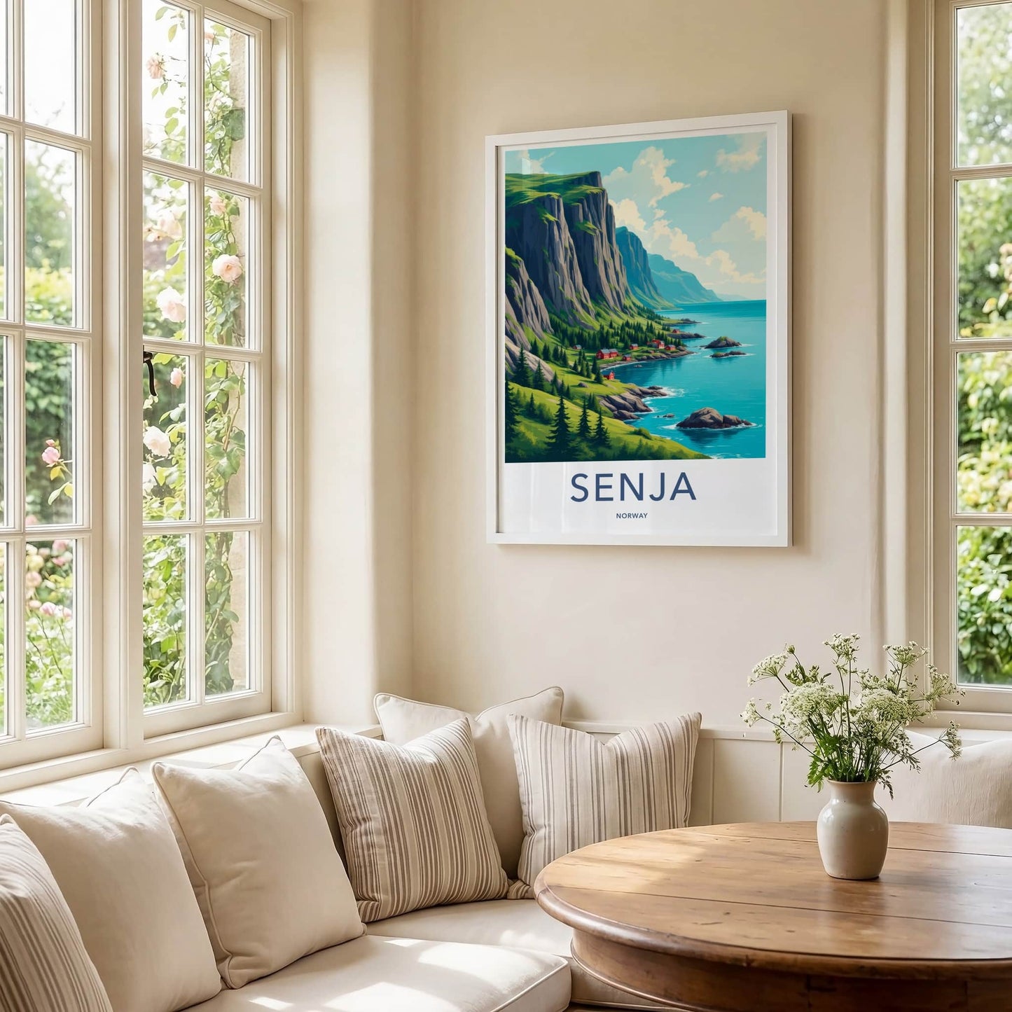 SENJA Poster - Norway Travel Art - Steep Cliffs Coastal Homes Home Decor