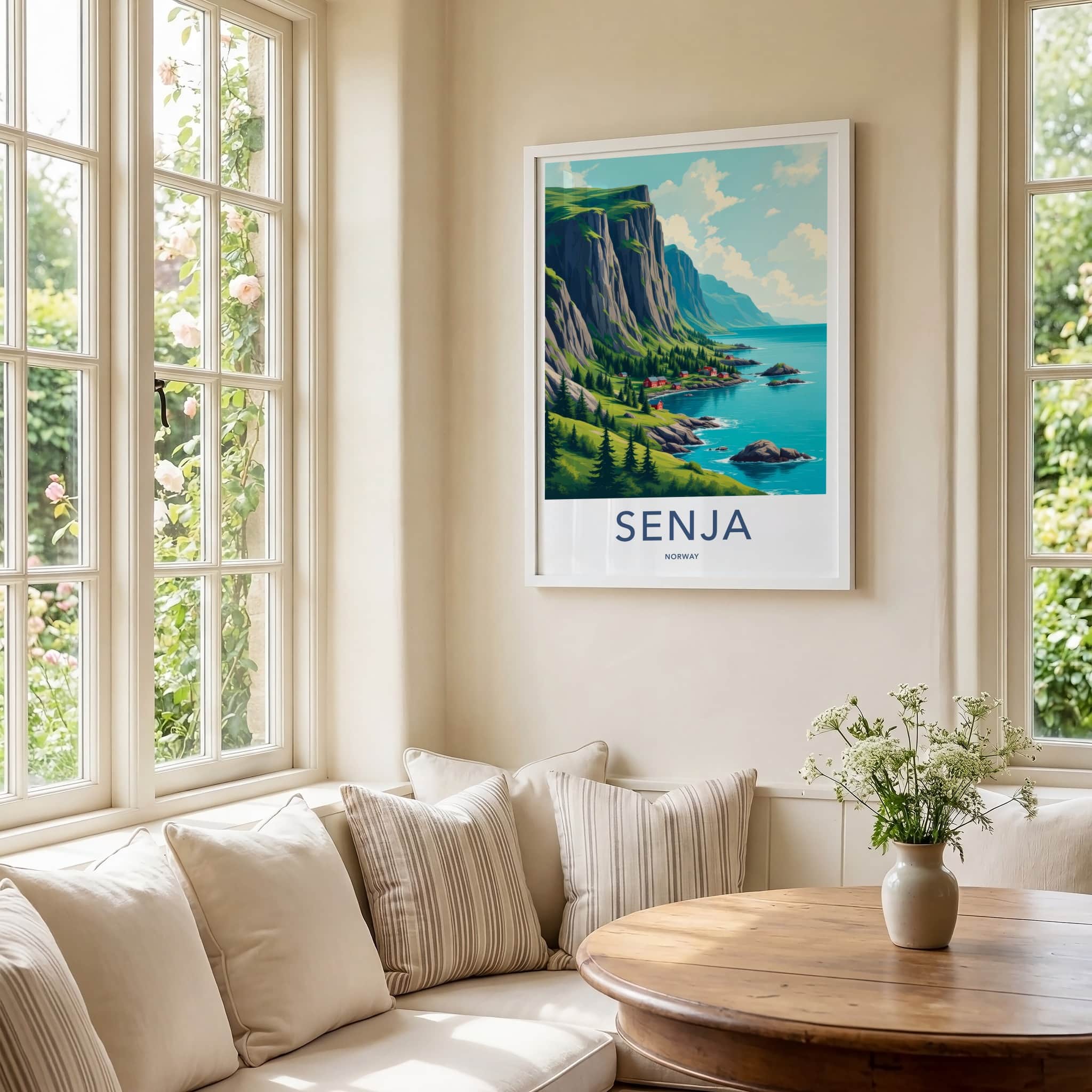 SENJA Poster - Norway Travel Art - Steep Cliffs Coastal Homes Home Decor