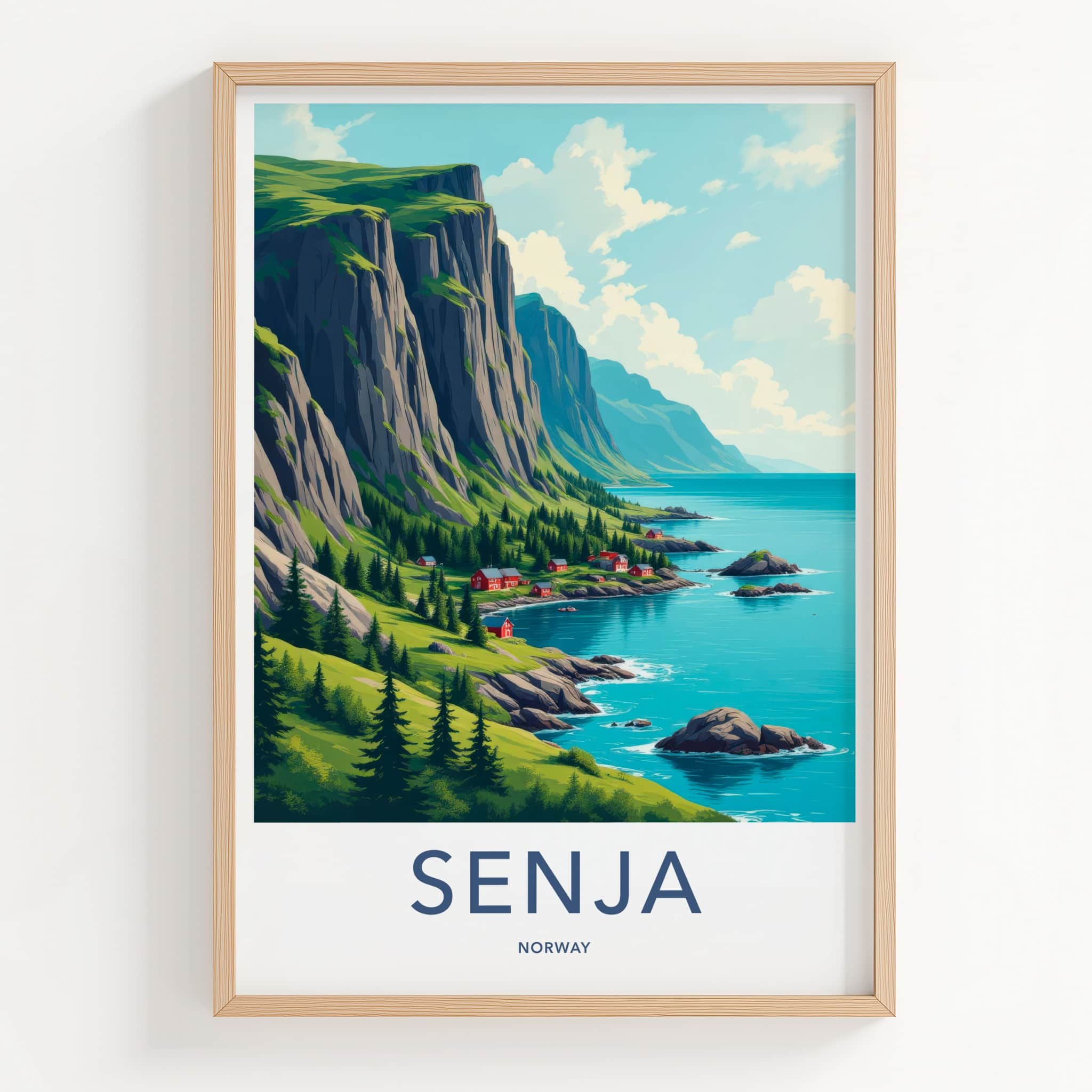 SENJA Poster - Norway Travel Art - Steep Cliffs Coastal Homes Home Decor