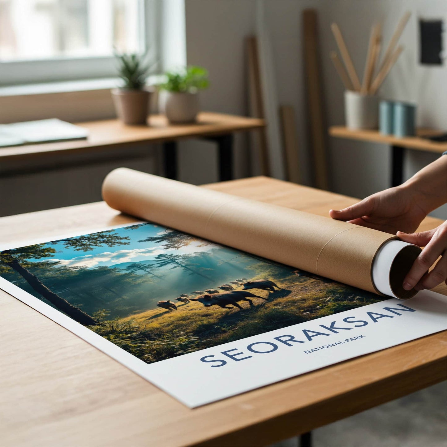 Seoraksan Poster - South Korea Travel Art - Sunlit Forest Boars Home Decor
