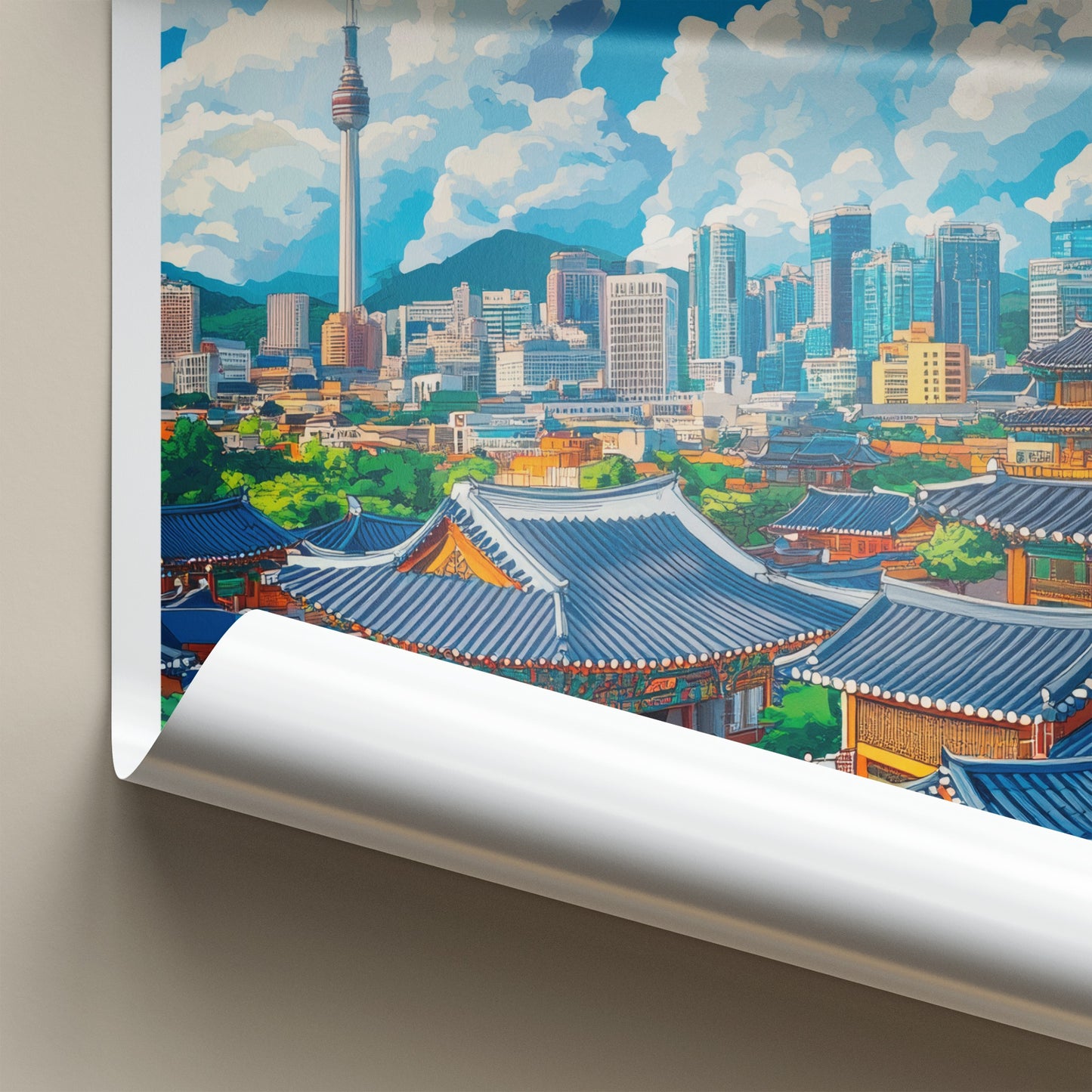 Seoul Poster - South Korea Travel Art - Hanok Tower City Home Decor