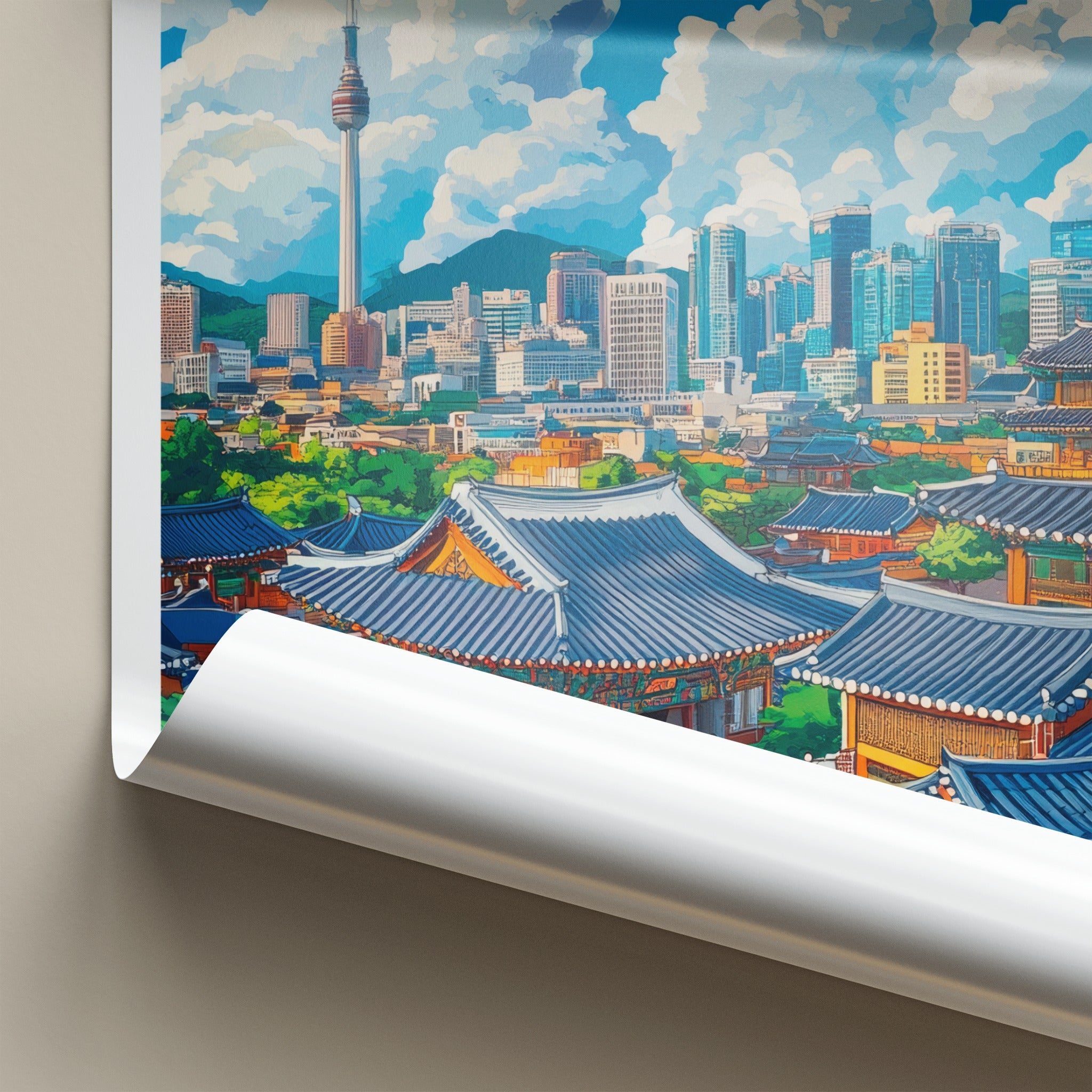 Seoul Poster - South Korea Travel Art - Hanok Tower City Home Decor