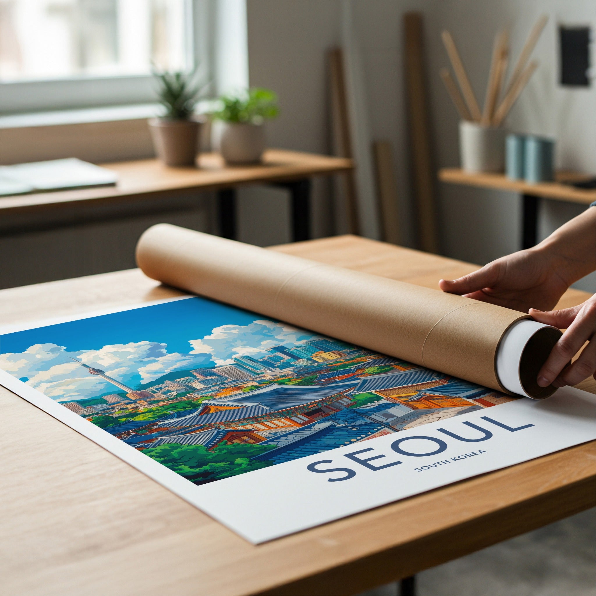 Seoul Poster - South Korea Travel Art - Hanok Tower City Home Decor