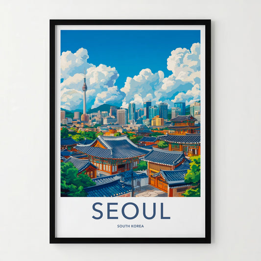 Seoul Poster - South Korea Travel Art - Hanok Tower City Home Decor