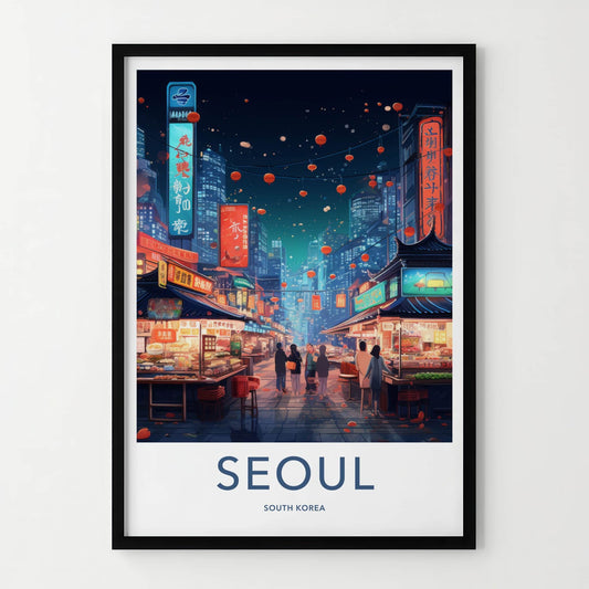 Seoul Poster - South Korea Travel Art - Neon Market Alley Home Decor