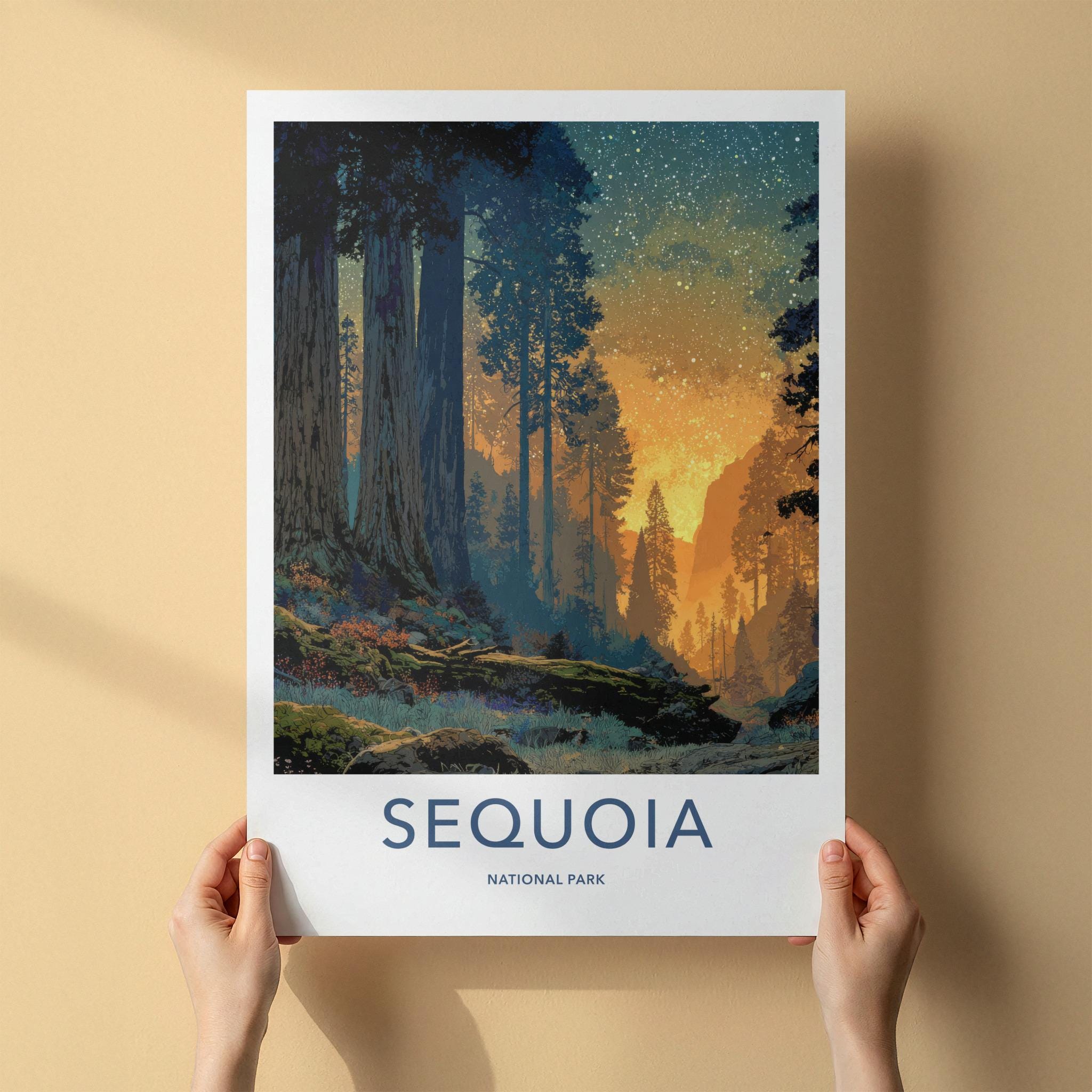Sequoia National Park Poster - California Travel Art - Giant Trees Starry Glow Home Decor