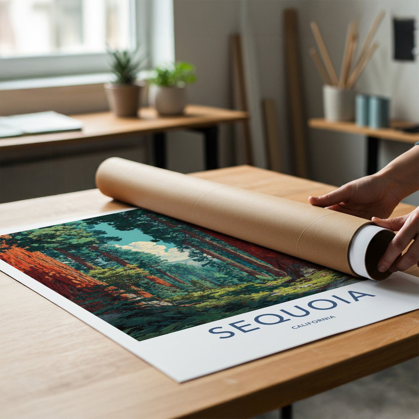 Sequoia Poster - California Travel Art - Mighty Forest Path Lounge Decor