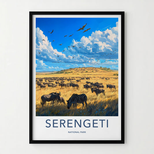 Serengeti National Park Poster - Tanzania Travel Art - Wildebeest Zebra Savanna Home Decor