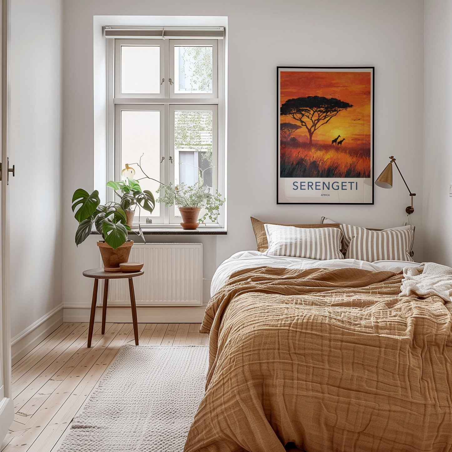 Serengeti Poster - Africa Travel Art - Orange Sunset Giraffes Home Decor