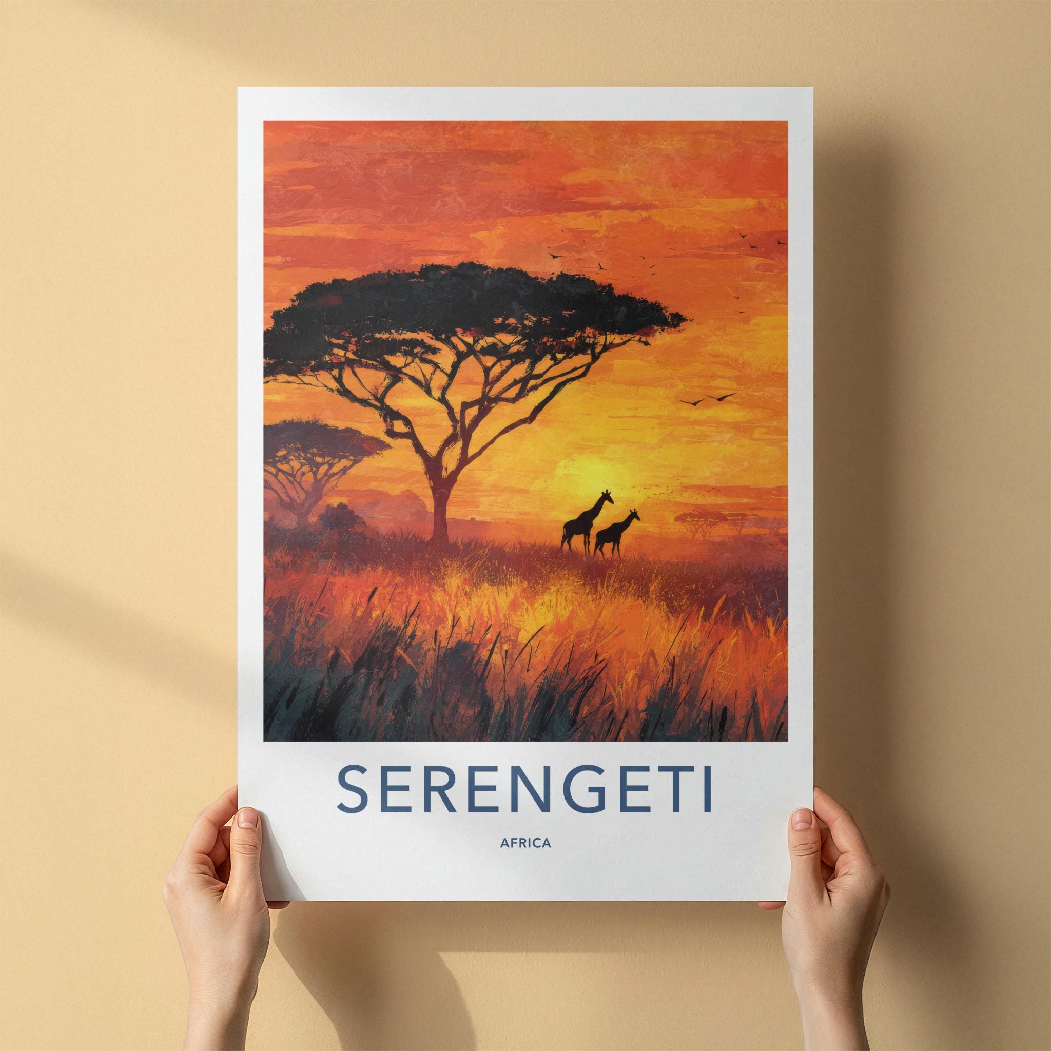 Serengeti Poster - Africa Travel Art - Orange Sunset Giraffes Home Decor