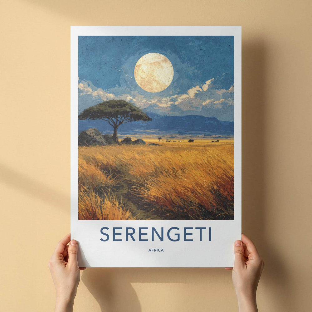 Serengeti Poster - Tanzania Travel Art - Acacia Moonlit Savanna Home Decor