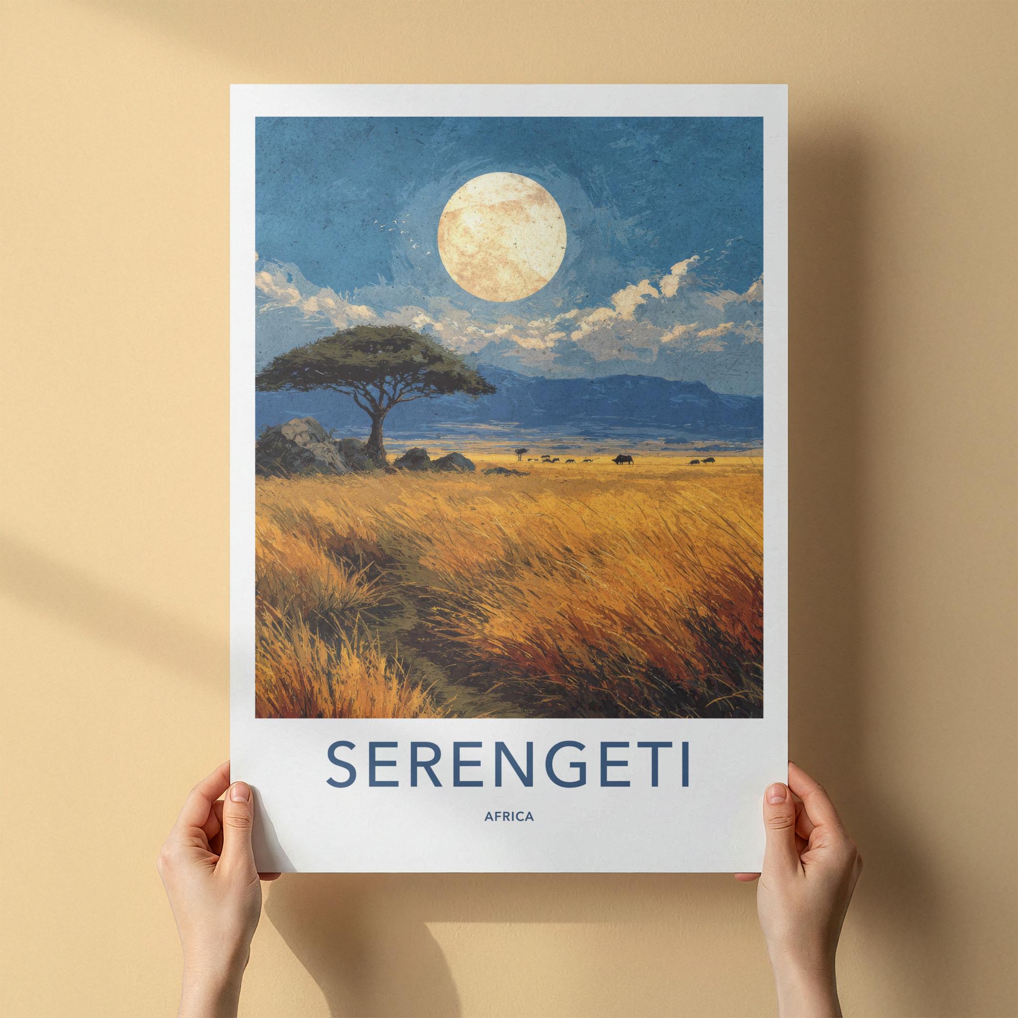 Serengeti Poster - Tanzania Travel Art - Acacia Moonlit Savanna Home Decor