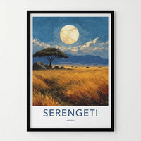 Serengeti Poster - Tanzania Travel Art - Acacia Moonlit Savanna Home Decor