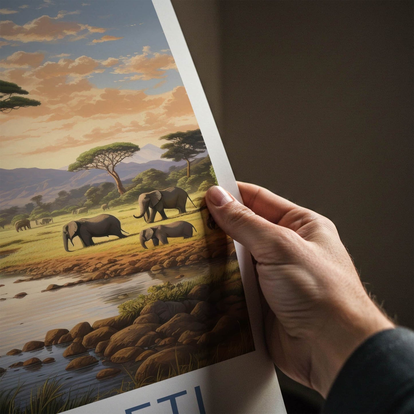 Serengeti Poster - Tanzania Travel Art - Elephants River Mountains Home Decor
