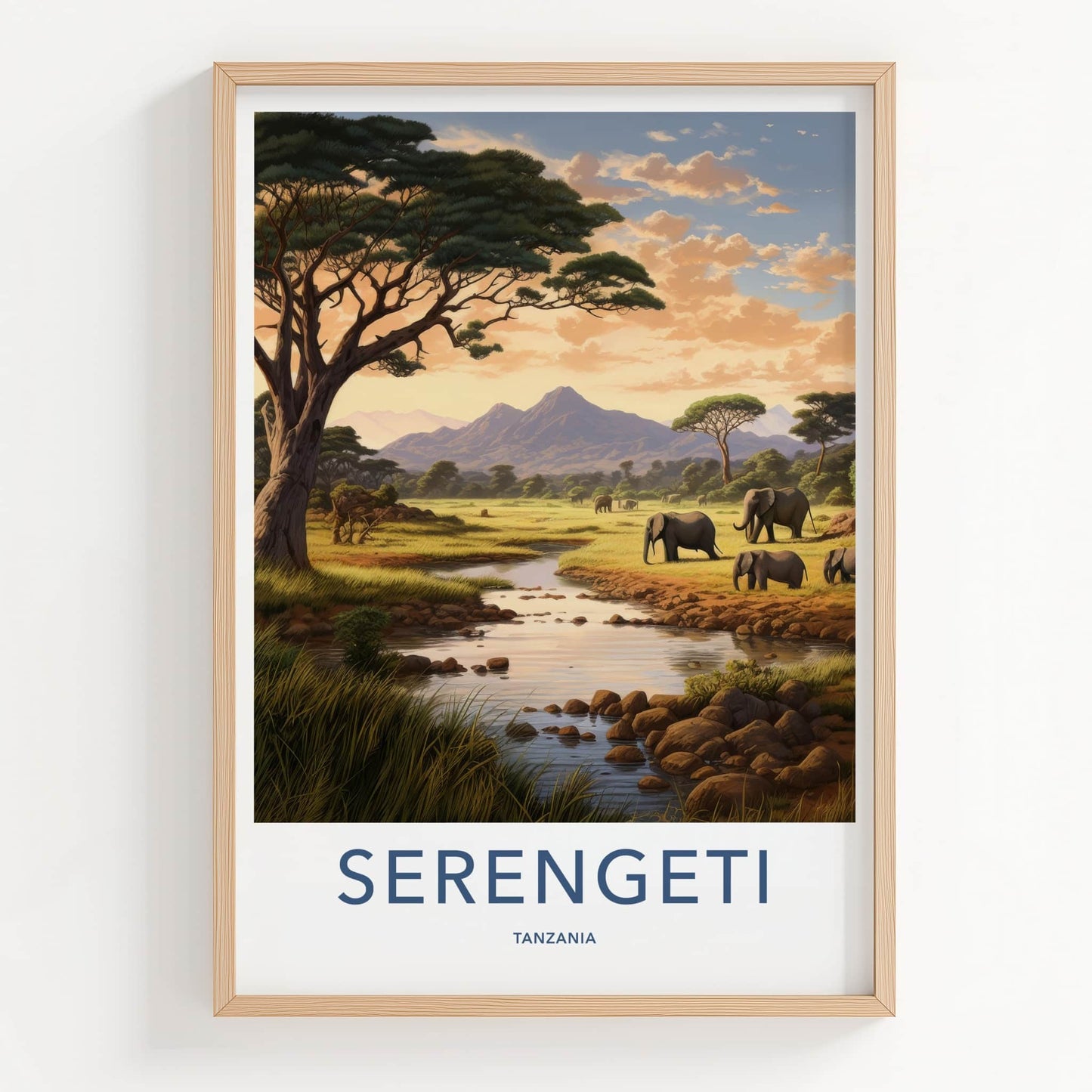 Serengeti Poster - Tanzania Travel Art - Elephants River Mountains Home Decor