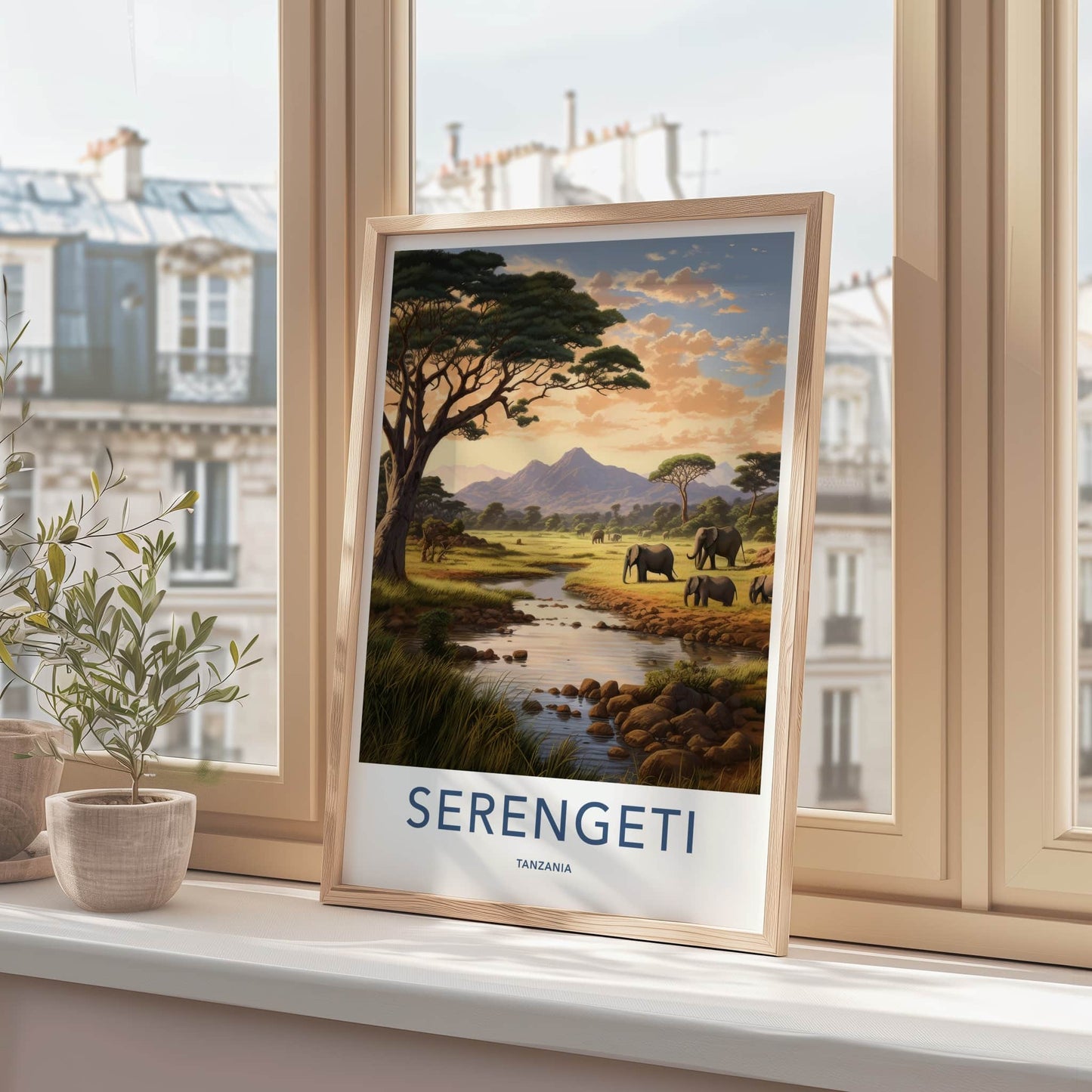 Serengeti Poster - Tanzania Travel Art - Elephants River Mountains Home Decor