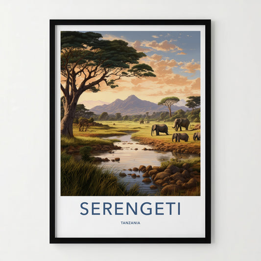 Serengeti Poster - Tanzania Travel Art - Elephants River Mountains Home Decor