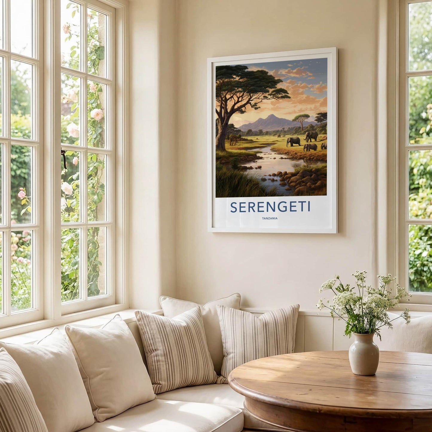 Serengeti Poster - Tanzania Travel Art - Elephants River Mountains Home Decor