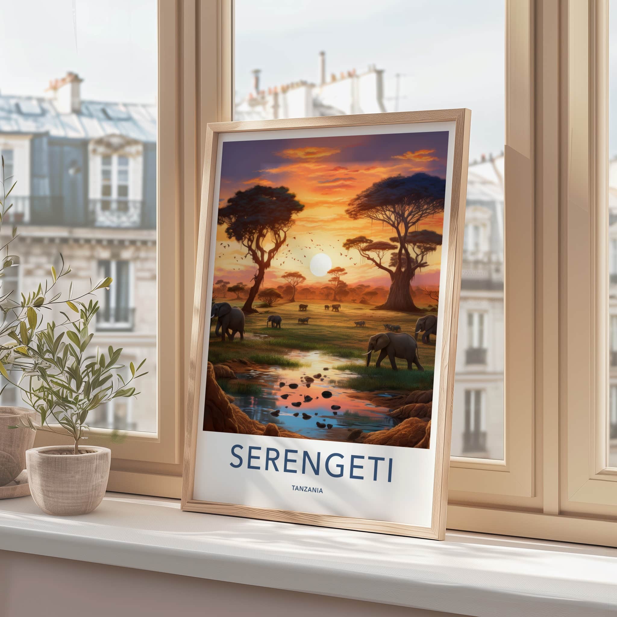 Serengeti Poster - Tanzania Travel Art - Elephants Sunset Water Home Decor