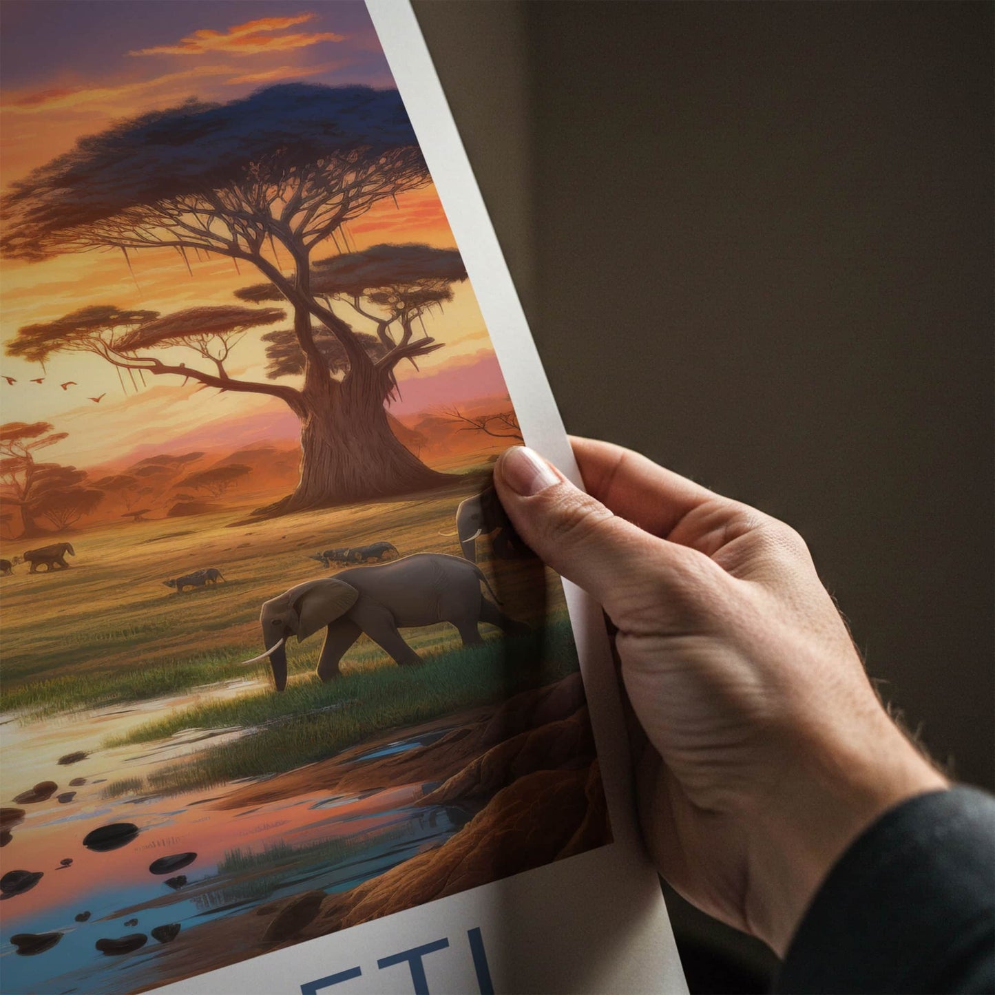 Serengeti Poster - Tanzania Travel Art - Elephants Sunset Water Home Decor