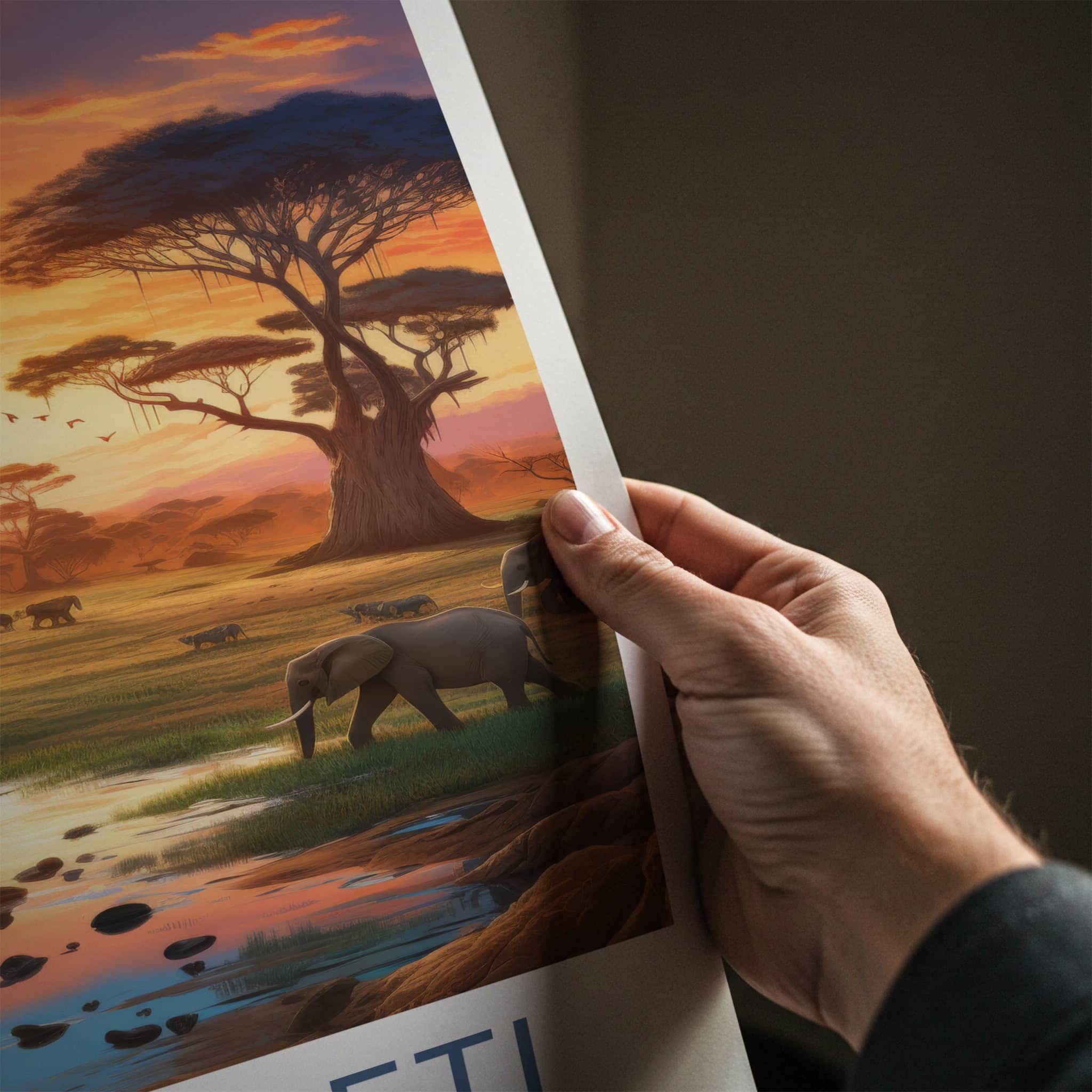 Serengeti Poster - Tanzania Travel Art - Elephants Sunset Water Home Decor