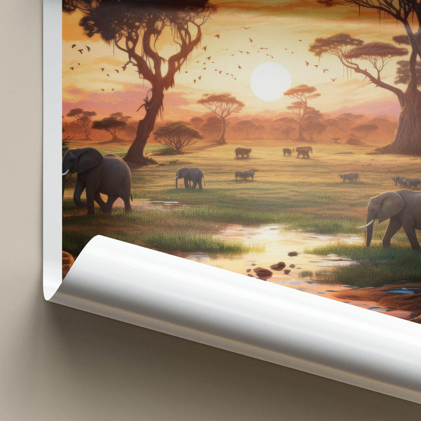 Serengeti Poster - Tanzania Travel Art - Elephants Sunset Water Home Decor