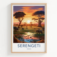 Serengeti Poster - Tanzania Travel Art - Elephants Sunset Water Home Decor