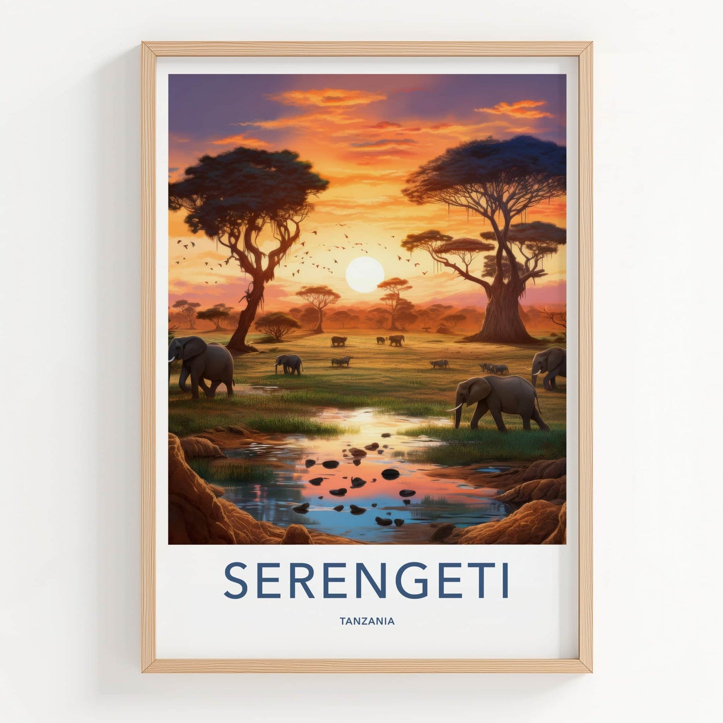 Serengeti Poster - Tanzania Travel Art - Elephants Sunset Water Home Decor