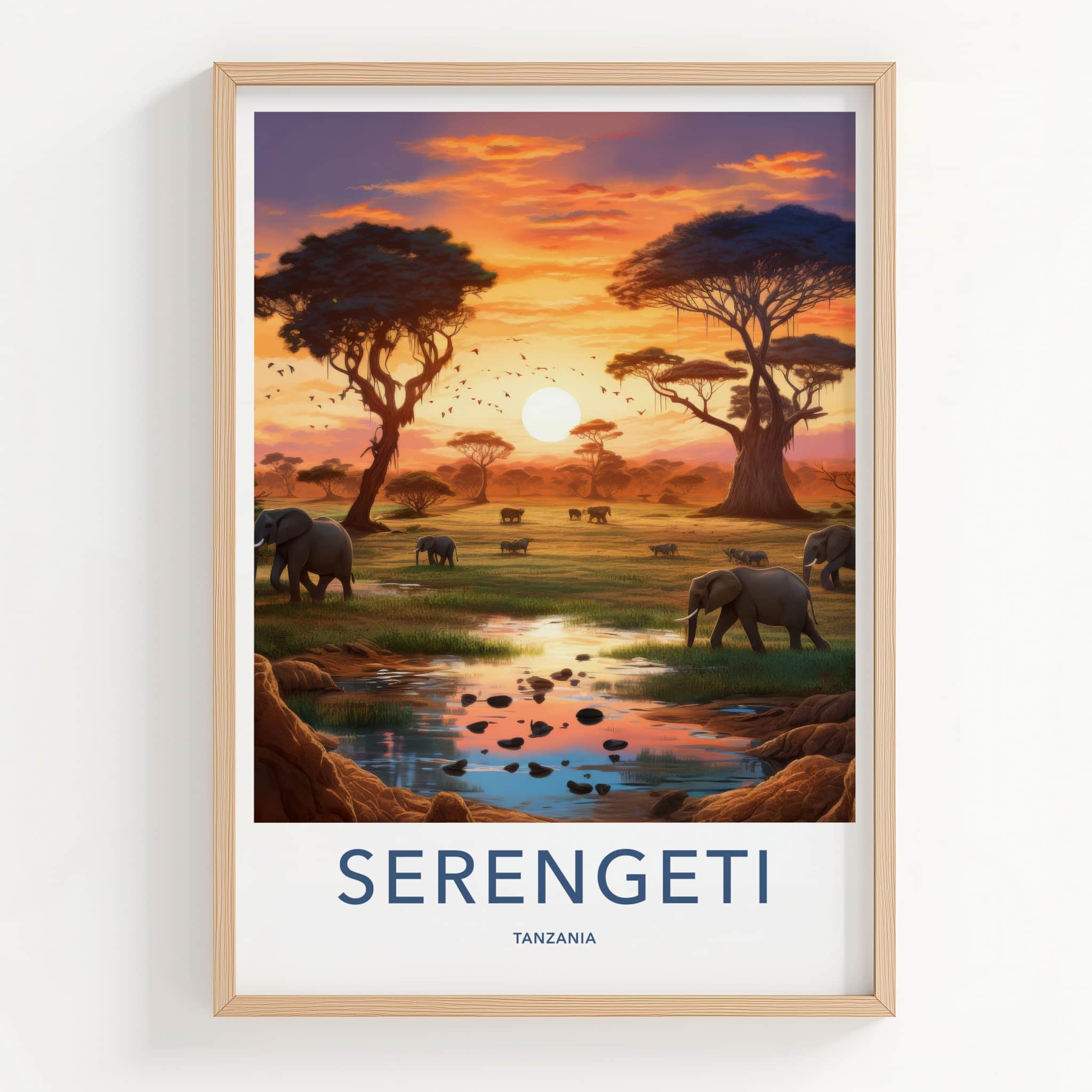 Serengeti Poster - Tanzania Travel Art - Elephants Sunset Water Home Decor