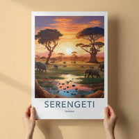Serengeti Poster - Tanzania Travel Art - Elephants Sunset Water Home Decor