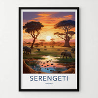 Serengeti Poster - Tanzania Travel Art - Elephants Sunset Water Home Decor
