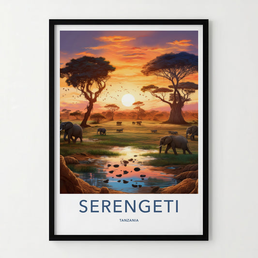 Serengeti Poster - Tanzania Travel Art - Elephants Sunset Water Home Decor