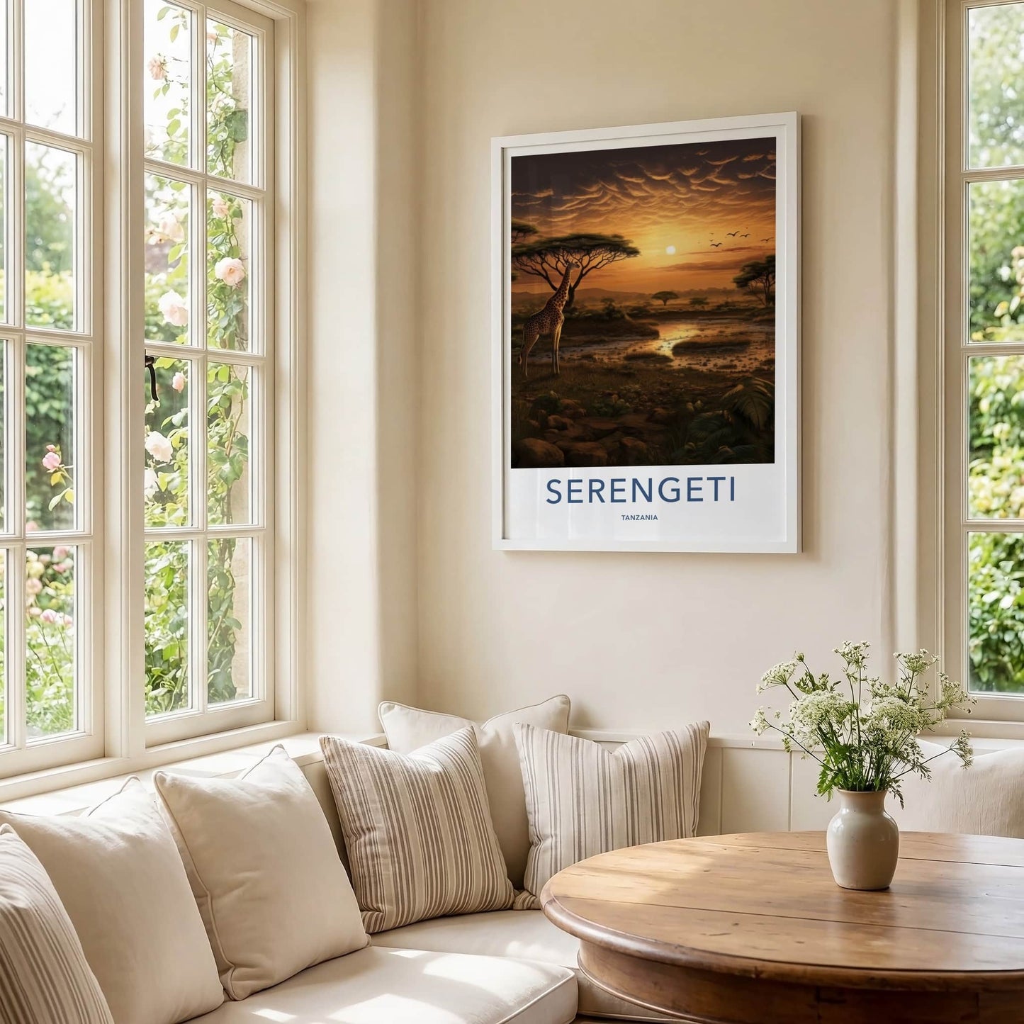 Serengeti Poster - Tanzania Travel Art - Giraffe Sunset Scene Home Decor