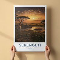 Serengeti Poster - Tanzania Travel Art - Giraffe Sunset Scene Home Decor