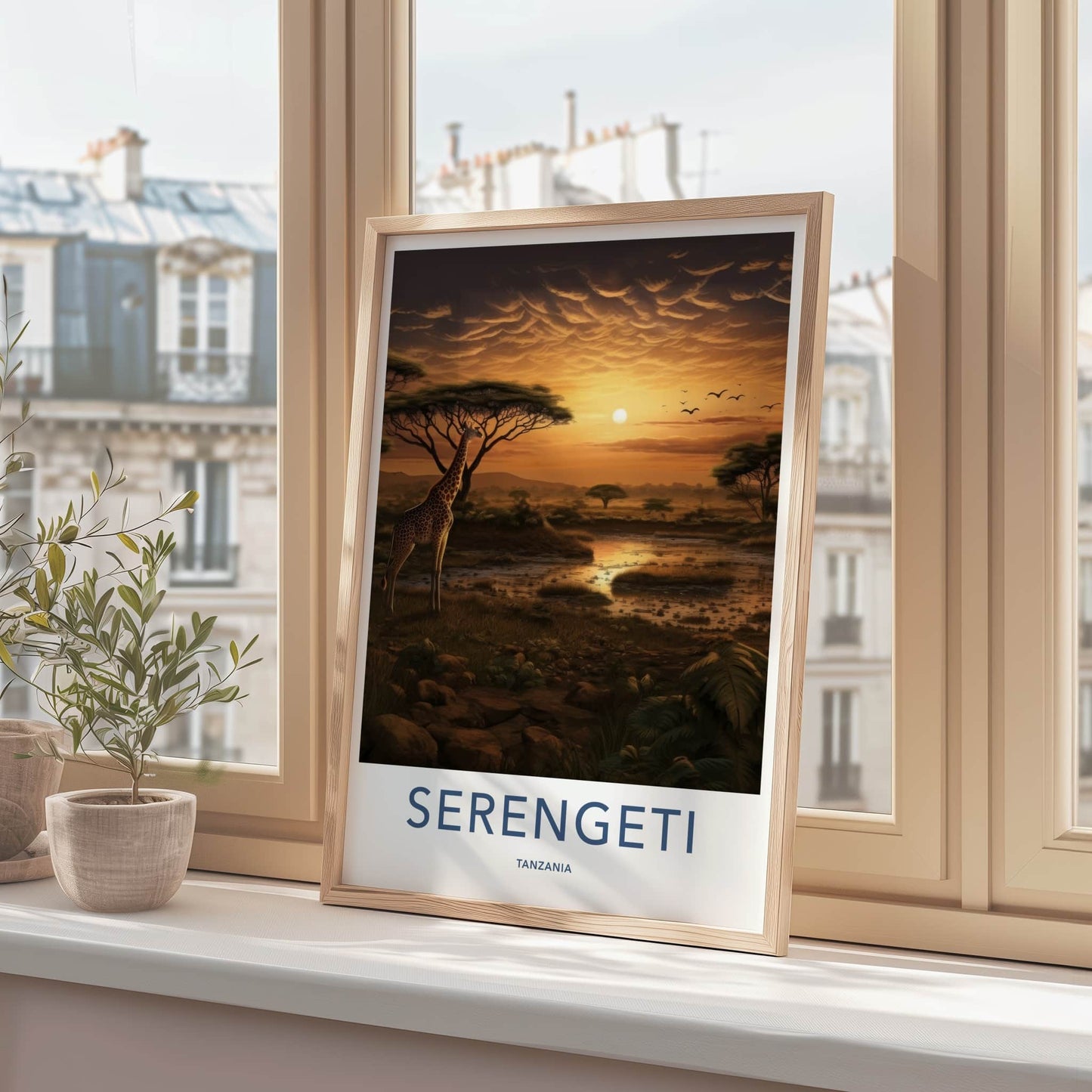 Serengeti Poster - Tanzania Travel Art - Giraffe Sunset Scene Home Decor