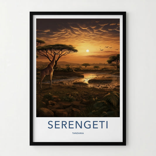 Serengeti Poster - Tanzania Travel Art - Giraffe Sunset Scene Home Decor