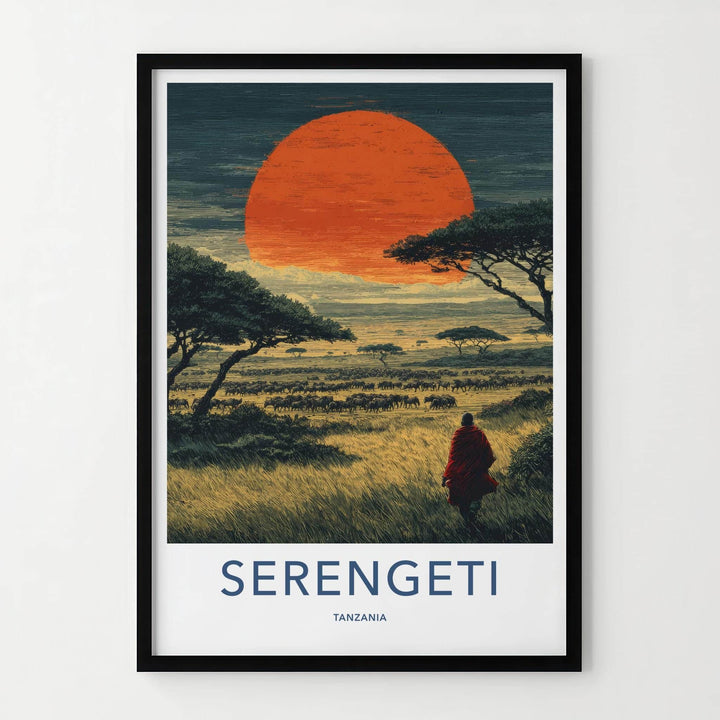 Serengeti Poster - Tanzania Travel Art - Maasai Sunset Herd Home Decor