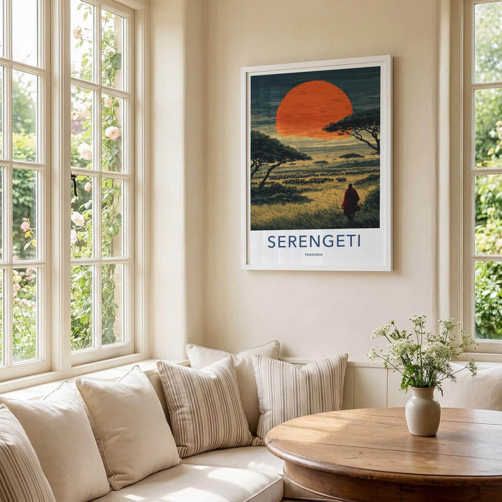 Serengeti Poster - Tanzania Travel Art - Maasai Sunset Herd Home Decor