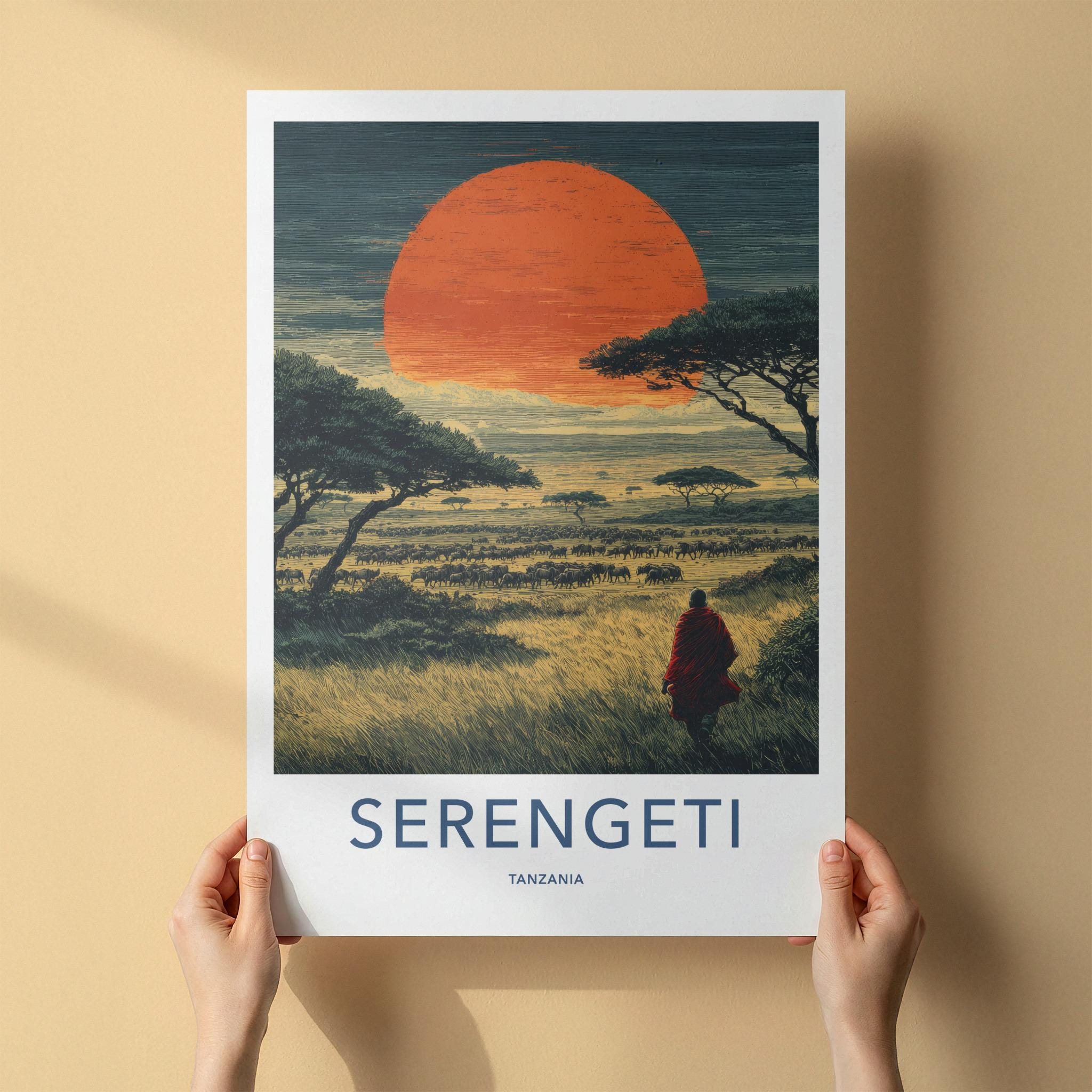Serengeti Poster - Tanzania Travel Art - Maasai Sunset Herd Home Decor