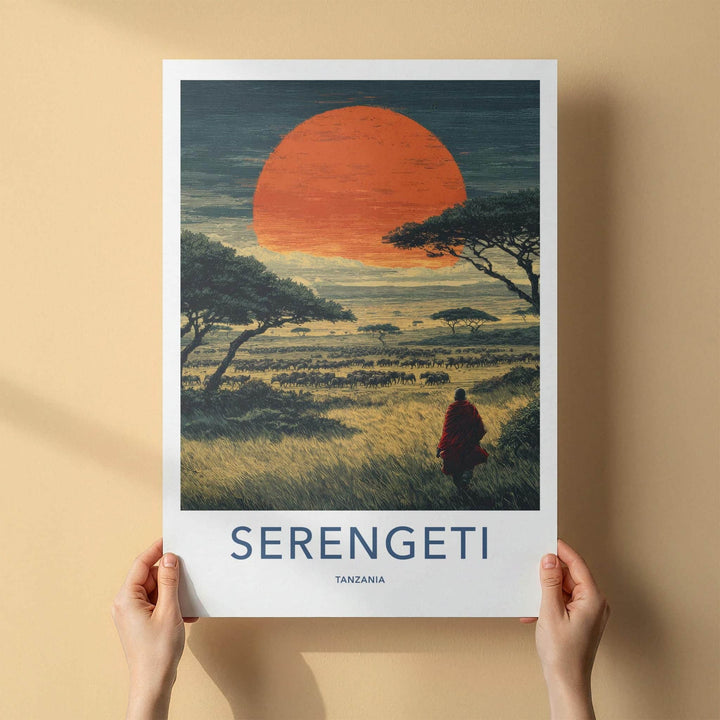 Serengeti Poster - Tanzania Travel Art - Maasai Sunset Herd Home Decor