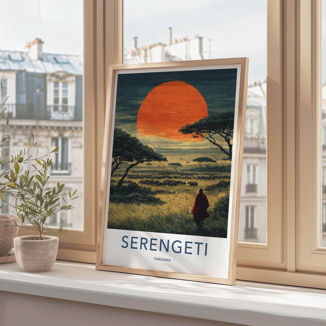 Serengeti Poster - Tanzania Travel Art - Maasai Sunset Herd Home Decor