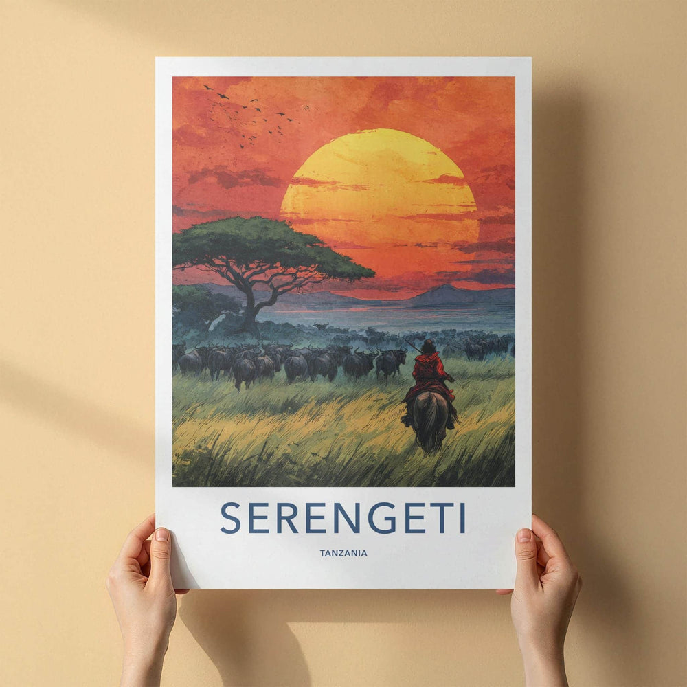 Serengeti Poster - Tanzania Travel Art - Rider Herd Sunset Home Decor