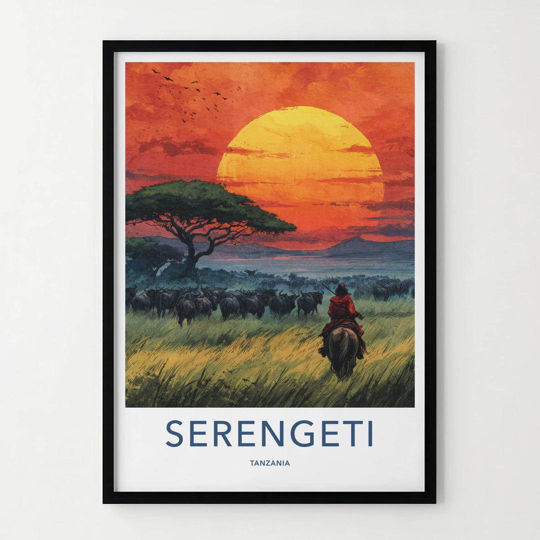 Serengeti Poster - Tanzania Travel Art - Rider Herd Sunset Home Decor