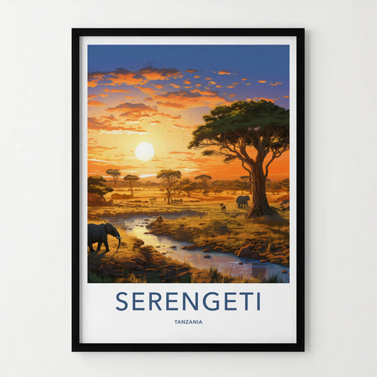 Serengeti Poster - Tanzania Travel Art - Savanna Sunset Elephants Home Decor